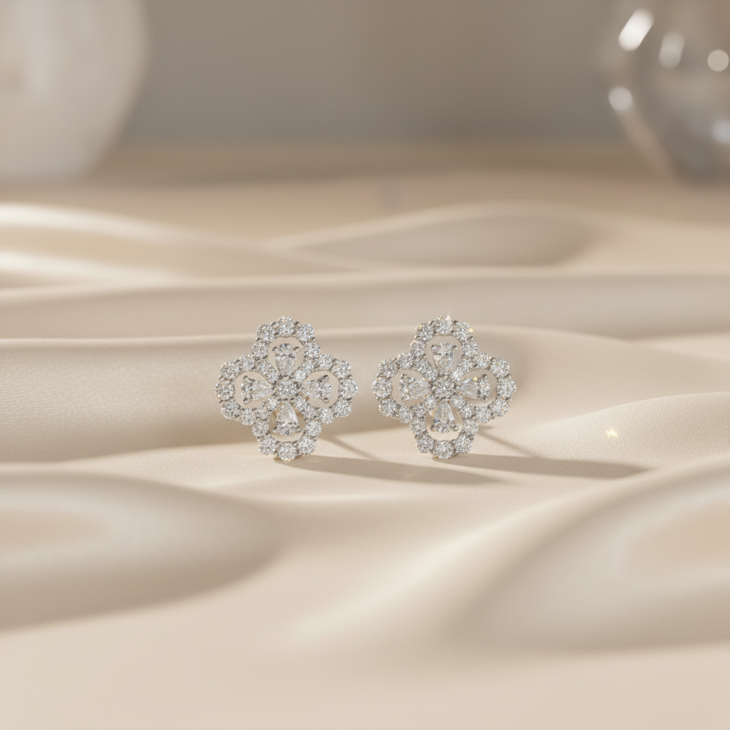 Delicate Clover Lab-grown Diamond Stud Earrings in 18K White Gold