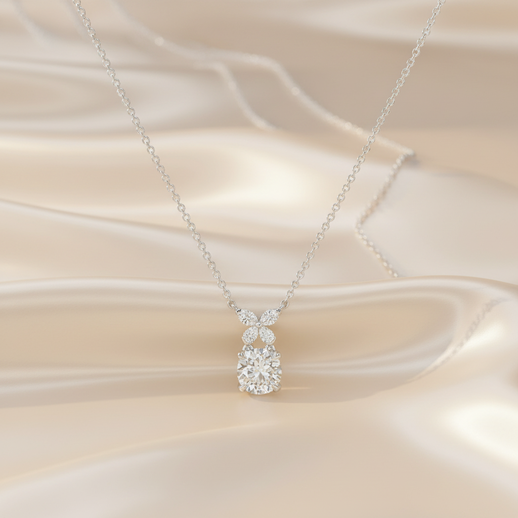 Delicate Bow Round Lab-grown Diamond Necklace in 18K White Gold