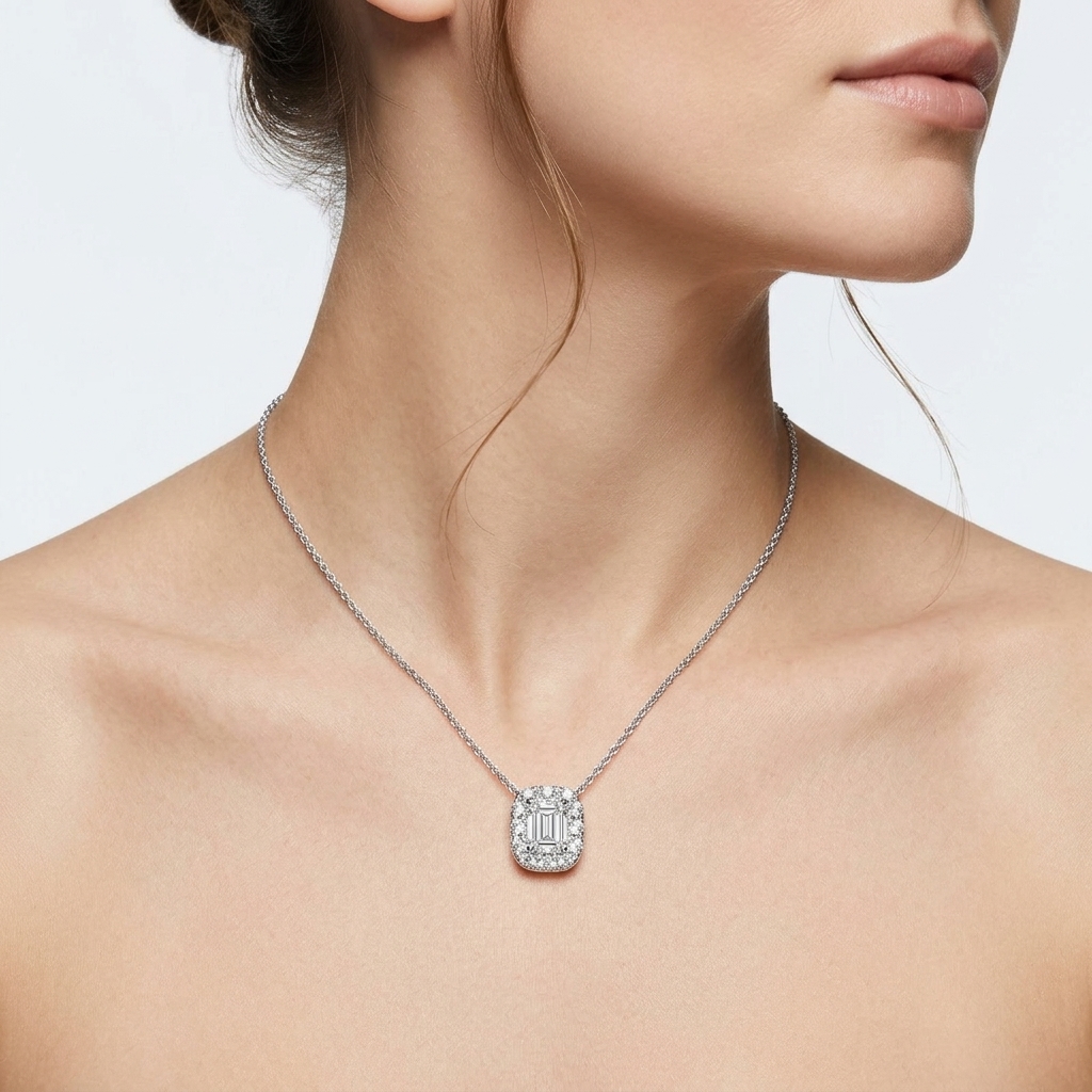 Radiant Emerald Cut Halo Lab-grown Diamond Pendant Necklace