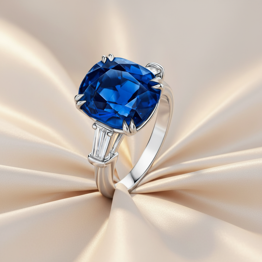Antique Cushion Cut Sapphire & Lab-grown Diamond Ring