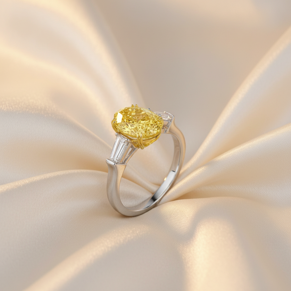 Vibrant Yellow Oval Ring with Geometric Lab-grown Diamond Accents